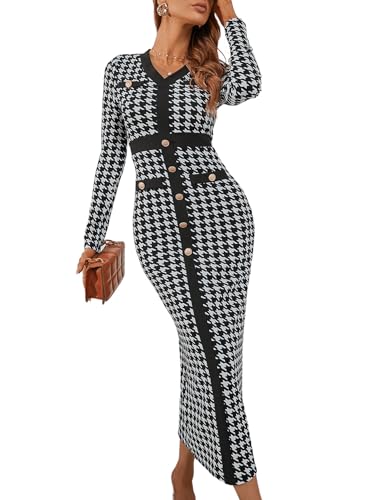 WDIRARA Women's Houndstooth Plaid V Neck Split Hem Belted Button Long Sleeve Bodycon Church Pencil Maxi Dress