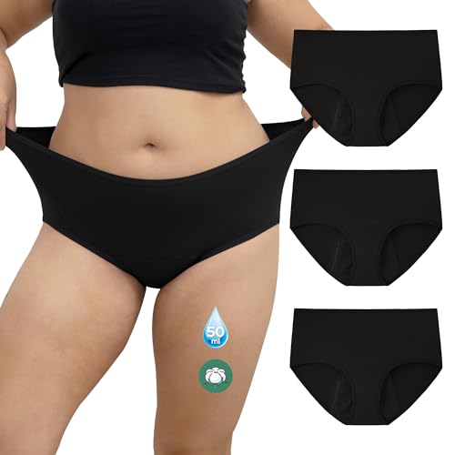 INNERSY Bragas Menstruales Flujo Abundante Braguitas Incontinencia Mujer Algodon Tallas Grandes Pack de 3 (52-54, 3 Negro Clásico)