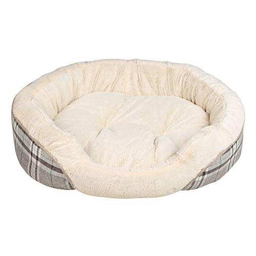 Grey Tartan Check Round Dog Bed, Small/Medium Dog Bed with Warm Plush & Reversible Inner...