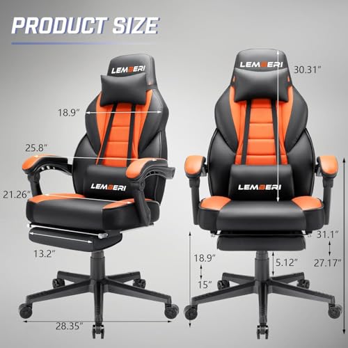 Image of LEMBERI Big and Tall Gaming Chair 400lb Capacity, Heavy-Duty Office Chair with Reinforced Footrest, Wide Seat High Back PC Desk Chair with Linkage Armrests, Thickened Steel Frame, PU Leather, Orange