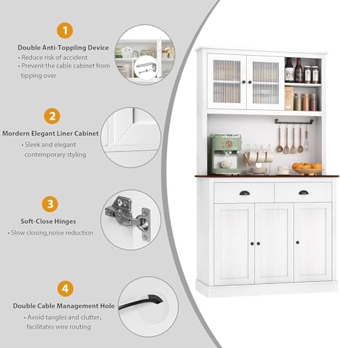 GarveeHome Kitchen Pantry Storage Cabinet, 71" Tall Wood Pantry with Microwave Stand, Modern Kitchen Hutch Cabinet, Coffee Bar Hutch with Wine Rack for Dining Room, Living Room, White