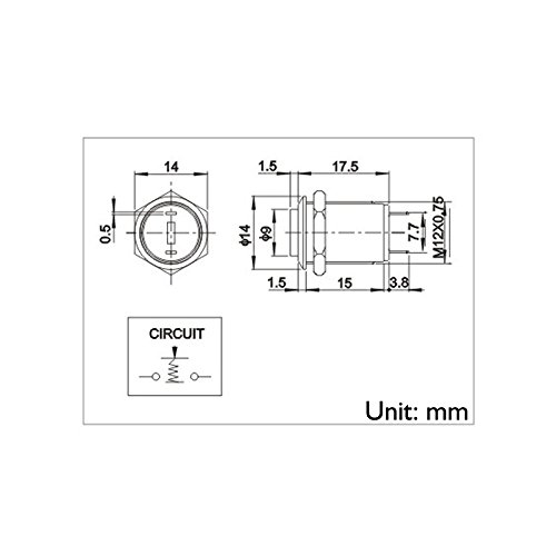 Miniatura 7 de Interruptor de botón momentáneo, URTONE UR125, 1NO SPST DCAC 36V 2A, carcasa de metal de aleación de aluminio adecuada para orificio de montaje de