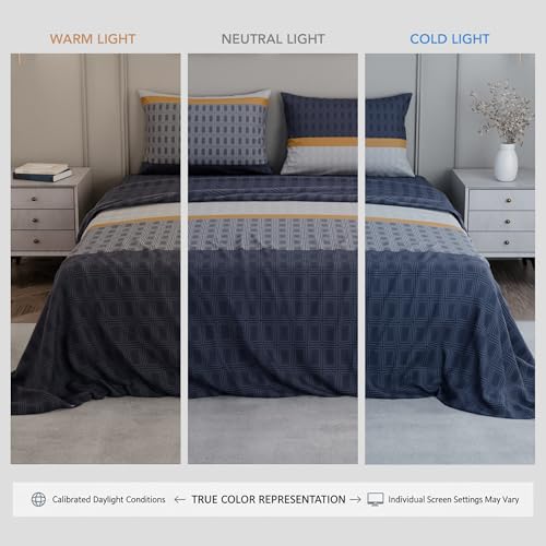 Image of BLISSHOME SoftTouch 150TC Cotton King Size Printed Bedsheet with 2 Pillow Covers for Double Bed, Silky Smooth Bedding Set, Breathable, Easy Maintain, Geometric Pattern - Blue (228cm X 274cm)