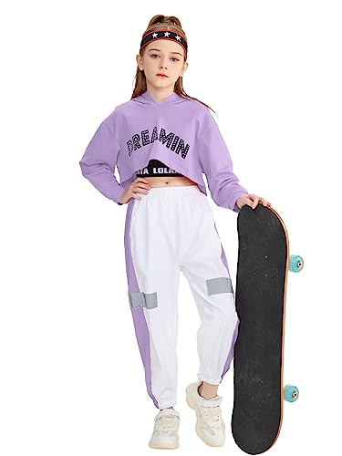 LOLANTA 3Pcs Girls Hip Hop Dance Costume Niños Street Dance Clothes Set Sudadera Corta con Capucha, Camiseta sin Mangas, Pantalones Reflectantes, Morado, 11-12 años, 160
