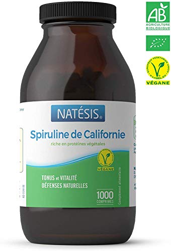 NATESIS  Spiruline de Californie  Complément alimentaire  1000 comprimés 500 mg  Vegan  100 % Spiruline  Sport, minceur, énergie, immunité  Flacon en verre brun  500 g