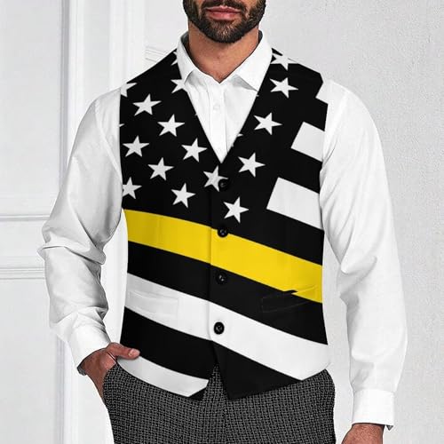 US Thin Yellow Line Flag Trendy Vest Suit for Men V Neck Formal Dress Waistcoat Vests Business Slim Fit4