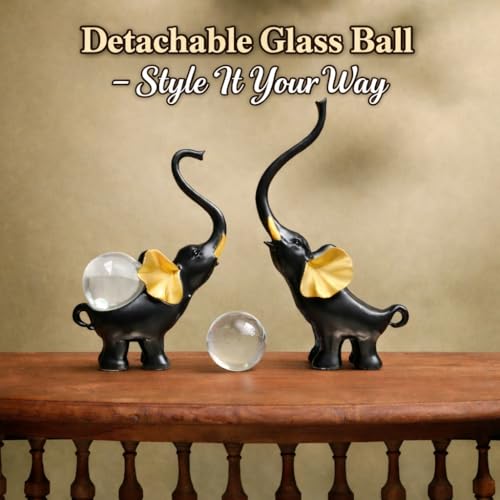 Image of ARMONIA Set of 2 Lucky Elephant Showpiece for Home Decor |Black Polystone Elephant with Detachable Crystal Glass Ball |Vaastu Feng Shui Elephant Idol for Living Room,Office,Entrance | Gift for Wedding