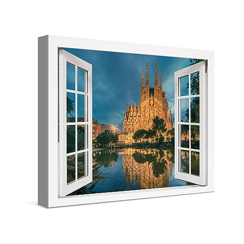 PICANOVA – Photo sur Toile 40x30cm Sagrada Familia Barcelona Fenêtre – Impression sur Toile Haut de Gamme – Image sur Toile pour Décoration Murale Moderne