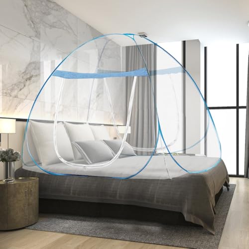 mizikuu Zanzariera Letto, Zanzariere Pieghevole 180 x 200cm Pop Up Zanzariere a Doppia Porta per Letti Matrimoniali Zanzariera da Viaggio Portatile per Camera da Letto, Esterno, Bordo Blu