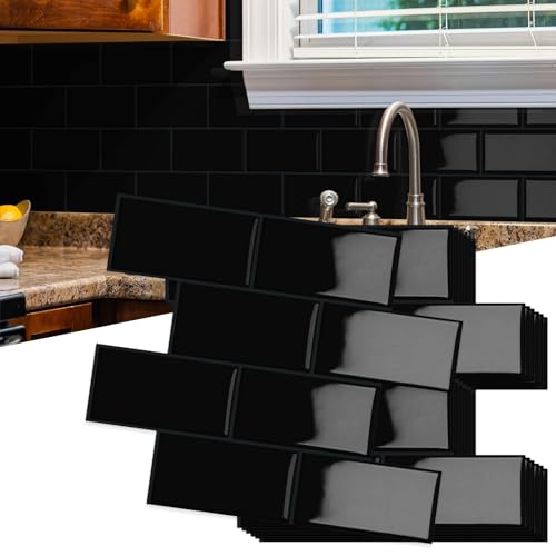 10-Sheet Thick Peel and Stick Kitchen Backsplash Tiles, 3D Subway Waterproof Self-Adhesive Wall Tile Stick on Backsplash for Kitchen and Bathroom(Black,12.6'×10.6')