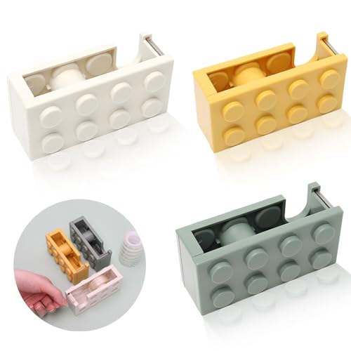 3 Pack Dispensador Cinta Adhesiva Dispensador Celo Dispensadores Mesa en Forma Bloques Construcción Dispensador Celo Automatico Aptos para Oficinas,Escuelas, Floristerías (Amarillo,Blanco,Verde)