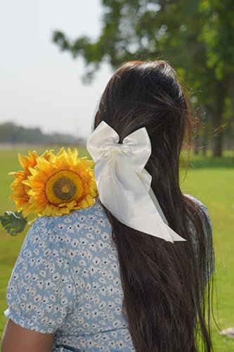 ChicTresses® 2 Pack Black and Off White Hair Bows - Bow Clips for Women and Girls - Luxury Silky Satin Barette Hair Clip - Cute Hair Accessories - Image 5