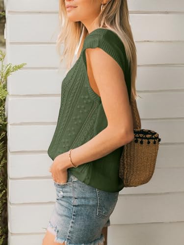 Image of Langwyqu Womens Cap Sleeve Tops Summer Crew Neck Shirt Lightweight Crochet Knit Sweater