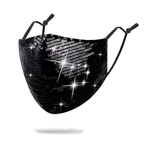 Sparkly Sequins Mouth Masc Fashion Designer Glitter Cotton Face Cover With Adjustable Ear Loops Reusable Masquerade Party Nightclub Rave Festival Sequins Face Covering (Black)