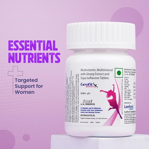 Geofit Multivitamin Tablets for Women | With Vitamin C, B3, E, D2, Isoflavone, Ginseng Ext. & 10 Mineral Blend | For Daily Energy, Immunity & Metabolism Support 30 Tablets