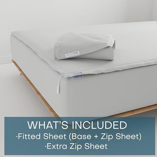Image of QuickZip Fitted Plus Spare Bundle: 1 Fitted Sheet (Base + Zip Sheet) & 1 Zip Sheet - Easy to Change, Won't Pop Off - Soft Percale 400 TC 100% Cotton - 15 inch Deep Pockets Twin Size Sheets - Misty Gray