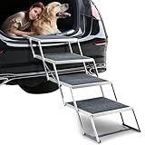 Duckygoo 20" Extra Wide Dog Ramp, 4-Step Foldable Pet Stairs with Non-Slip Carpet - Lightweight Aluminum for SUV/Truck/Car & High Beds - Supports Large Dogs up to 200Lbs