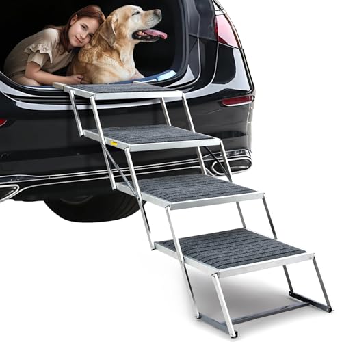 Duckygoo 20" Extra Wide Dog Ramp, 4-Step Foldable Pet Stairs with Non-Slip Carpet - Lightweight Aluminum for SUV/Truck/Car & High Beds - Supports Large Dogs up to 200Lbs