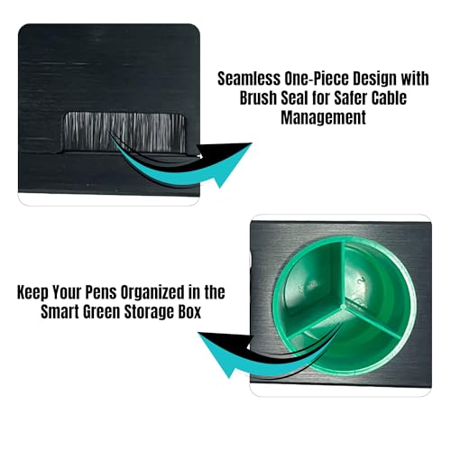 Image of Aluminum Alloy Desk Grommet - Rectangular Metal Cable Wire Hole Cover With Flip Lid & 3-Slot Multifunctional Cup For Computer Table & Furniture - Cord Organizer (200mm*90mm, Black)