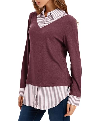 Image of Oyamiki Women's Casual Collared Curved Hem 2 in 1 Pullover Tops Plaid Contrast Shirt Blouse