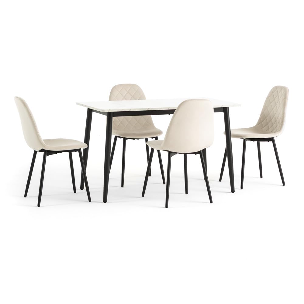 Set tavolo da pranzo e 4 sedie da sala da pranzo imbottite in velluto trapuntato, Tavolo da cucina rettangolare 120x70cm con top effetto marmo e gambe in metallo - Vasco e Laura (Panna)