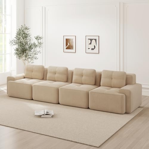 Wyibwy Sofá modular Boneless de 4 plazas, sofá modular de 4 plazas, sofá de compresión (sin montaje), sofá moderno con asiento profundo, sofás modulares de cuatro plazas, de pana, color beige