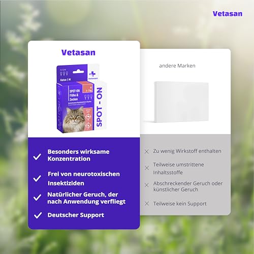 Vetasan Spot-ON für Katzen 4-7kg (M) | gegen Flöhe & Zecken | 3 Monate Schutz | ohne Chemie | Zeckenmittel für Katzen | Floh- und Zeckenschutz für Katze