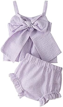 LYSINK Newborn Baby Girl Clothes Stripe Sleeveless Bowknot Tank Top Shorts Set Summer Outfits Cute Baby Clothes Girl 0-18 Months (Purple,12-18 Months)