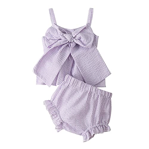Lysink Newborn Baby Girl Clothes Stripe Sleeveless Bowknot Tank Top Shorts Set Summer Outfits Cute Baby Clothes Girl 0-18 Months (Purple,12-18 Months) #TOP1