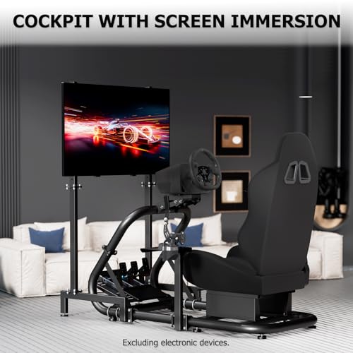 Supllueer Racing Sim コックピット 人間工学に基づいたシート&モニタースタンド付き Logitech/Fanatec/Thrustmaster G27 G923 G920,50mm用 大型ラウンドチューブドライビングシミュレータースタンド ハンドル/シフト/ペダル/テレビなし