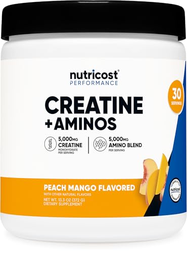 Nutricost Creatine + Aminos 30 Servings (Peach Mango Flavored) - 5,000mg Creatine Monohydrate + 5000mg Amino BCAA Blend Per Serving