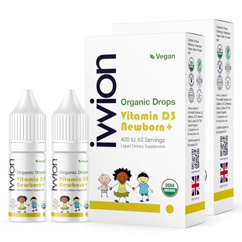 Image of ivvion Organic Vegan 400IU, Vitamin D3, 60 Drops – Baby Drop for Infants & Toddlers | USDA Organic, Non-GMO, Plant-Based, No Additives or Preservatives, All Natural, Made in UK (Pack of 2)