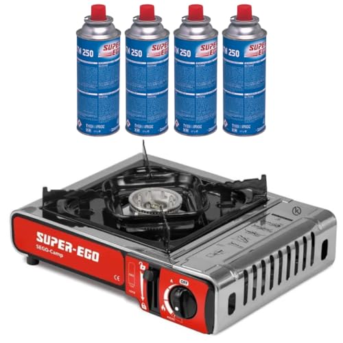 KROWN - Cocina Portátil SUPER EGO Sego Camp con 1 quemador y 2.2 kW, 4 Cartuchos de Gas Incluido, Cocina compacta y portátil, ideal para cocinar al aire libre.