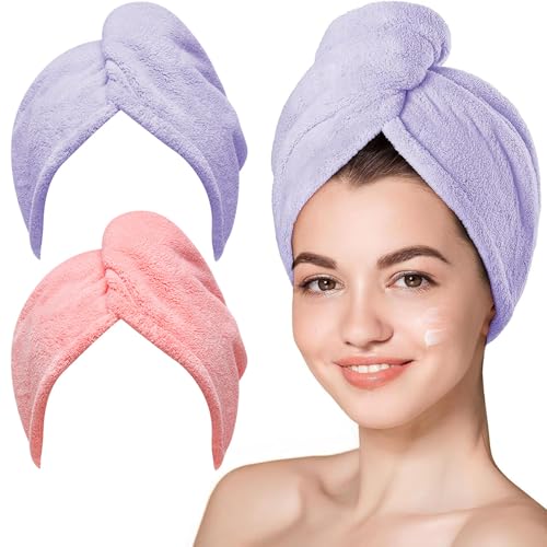 Image of Hicober Microfiber Hair Towel, 2Packs Hair Turbans Wrap for Women Wet Hair, Hair Drying Towels for Curly Hair Anti Frizz(Purple,Pink)