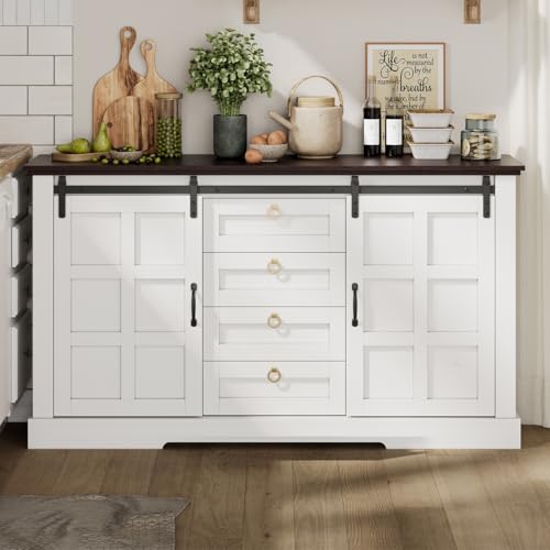 Hennhari Enfilade Vintage Style Campagnard avec Portes Coulissantes Et 4 Tiroirs, Meuble De Rangement avec Tablettes Réglables, Convient pour Salle À Manger,...