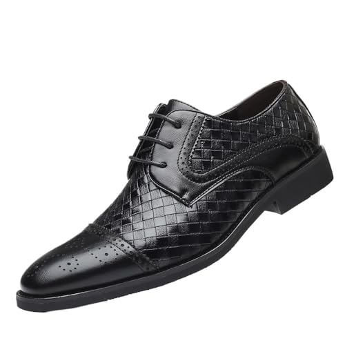 Men's Black Leather Loafers, Grid Print Low Top Non-Slip Dress Shoes, Lace-Up Design for Business, Office, Wedding, or Walking