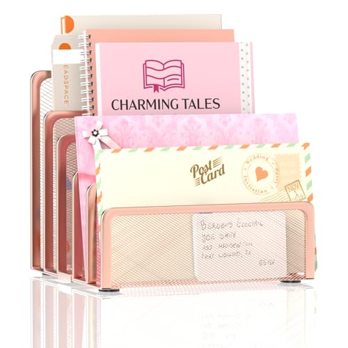 ReePlan Mail Organizer Countertop with 5 Slot, Metal Mail Holder for Desk, File Holder Letter Sorter for Envelope, Bill and Document (Rose Gold)