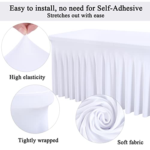 Image of Besutolife White Tablecloths for Rectangle Tables 8ft Spandex Table Skirt One-Piece Wrinkle-Resistant Ruffles Design for Banquets Parties Wedding Dining Table