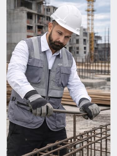 Image of CLUB TWENTY ONE Workwear Safex Pro Safety Vest for Men, Polyester Air Mesh Fabric, Multi-Pocket Reflective Jacket with EN 20471 Tape for Construction, Warehouse & Manufacturing Work, Grey, Size 2XL