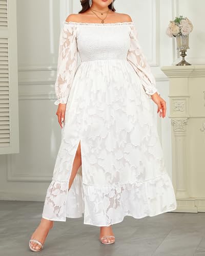 Image of Plus Size Summer Dresses Sun - Maxi Boho Casual Off Shoulder Floral Lace Long Dress with Pockets