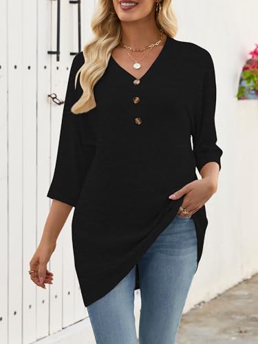 Chulianyouhuo 3/4 Sleeve Tops Women's Button V Neck Long Shirts Casual Tunic to Wear with Leggings Clothes(Black XL) — view 6