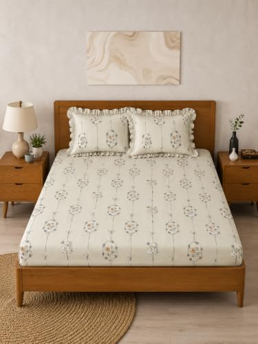 Image of 380 TC Premium Glace Cotton Elastic Fitted Bedsheet King Size with 2 Pillow Covers King Size | Double Bed with All Around Elastic (Cream Leaf, Fitted - Double72x72)
