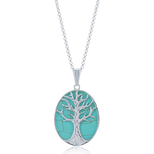 Beaux Bijoux Sterling Silver Natural Stone Turquoise Tree of Life Oval Pendant w/ 18