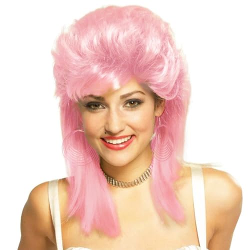Image of Swiking Pink Mullet Wigs for Women 70s 80s Rocker Shoulder Length Hair Shaggy Layered Fluffy Wig Cosplay Halloween Costume Replacement Wigs(Pink