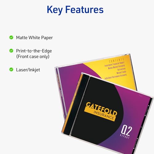 Image of Avery Printable CD Jewel Case Inserts, Matte White, Laser & Inkjet Printer Compatible, 20 Standard and Slimline Inserts, Ideal for CDs, DVDs, Presentations, Portfolios, and More (8693)