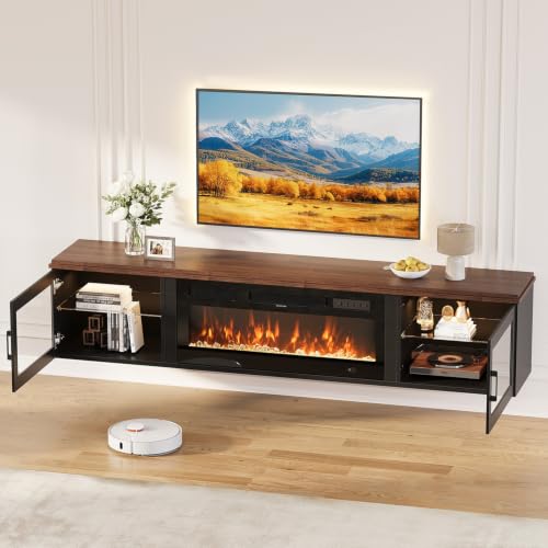 Image of 80 inch Floating TV Stand with Fireplace, High Gloss Finish Wall Mounted Fireplace Entertainment Center with Storage for TVs Up to 90 inch, Brown & Black and WI-FI Enabled