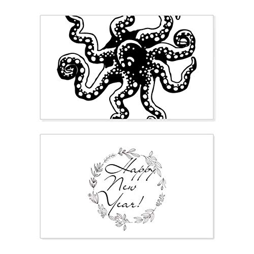 Tarjeta de Año Nuevo con pulpo de la vida marina, felicitación en elegante color negro