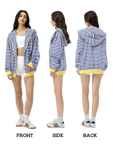FAIABLE Striped Zip Up Hoodie Women Oversized Sweatshirt Hoodies Zipper Sweaters Pullover Cotton Vintage Preppy Shirt Outfits