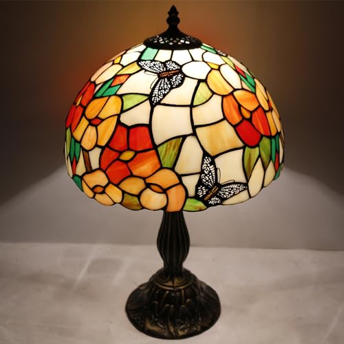 Image of WERFACTORY Tiffany Table Lamp Bedside Pink Stained Glass Lamp 18 Inch Tall
