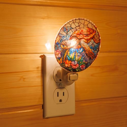 Image of Coastal Sea Turtle Night Light - Stained Glass Styled Plug-in Wall Light, Real Glass Ocean Theme Night Lamp for Bathroom, Bedroom, Hallway, Beach House Decor